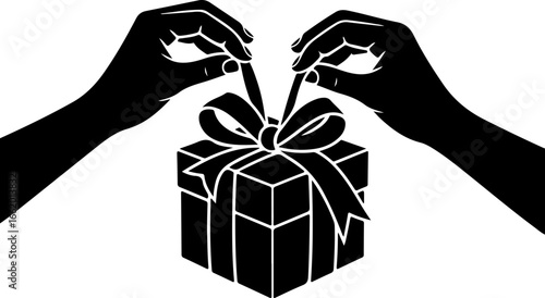 black silhouette of a pair of hands elegantly wrapping a gift box with ribbon 