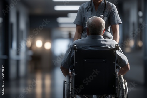 Healthcare Worker Assists Visually Impaired Person in Wheelchair