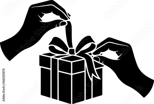black silhouette of a pair of hands elegantly wrapping a gift box with ribbon 