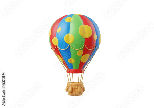 A vibrant, cartoon-style hot air balloon with red, blue, and green stripes and yellow polka dots, featuring a wicker basket, isolated on a white background.