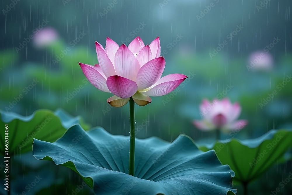 Obraz premium a beautiful pink lotus flower with water droplets in the rain, surrounded by lush green leaves