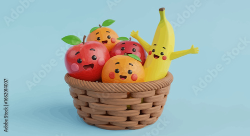 A charming 3D illustration of a woven basket filled with happy, cartoon-style fruits including apples, oranges, and a banana.