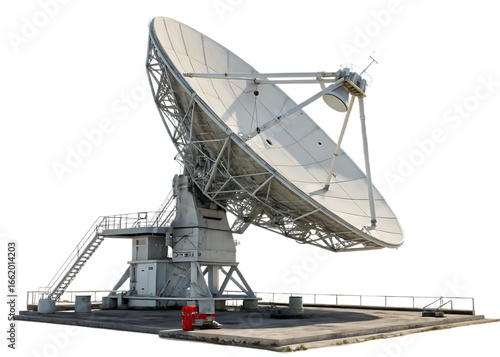 Large radio telescope dish for space communication and astronomy research on a concrete platform with stairs and metal structure