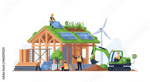 Sustainable Home Construction with Solar Panels, Green Roof, and Wind Energy for Eco-Friendly Living
