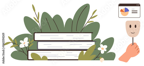 Stack of books in front of lush foliage, data chart browser tab, and hand holding a happy mask. Ideal for learning, growth, knowledge, identity, analytics creativity sustainability. Simple flat