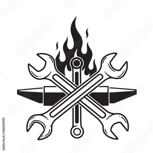 Black and white illustration of crossed wrenches anvil and flames for mechanic logos