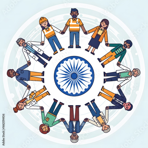 Diverse people united, holding hands around India's Ashoka Chakra symbol.