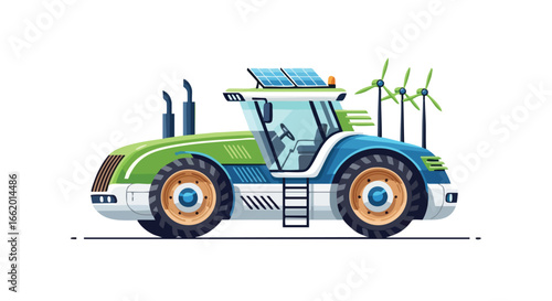 Modern agricultural tractor powered by renewable energy sources, showcasing a commitment to sustainable farming practices with wind turbines and