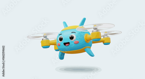 A cute, cartoon-style blue and yellow drone with a smiling face hovering in the air.