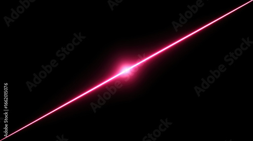 Pink laser beam light with glowing effect on black background, bright energy line with flare, futuristic technology concept for design and science illustration