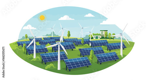 Illustration showcasing a vibrant solar panel farm and wind turbines, symbolizing clean energy generation and environmental sustainability initiatives