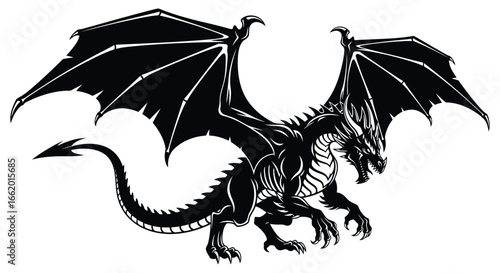 Majestic black dragon with wings spread ready for flight mythical creature of fantasy and legend vector