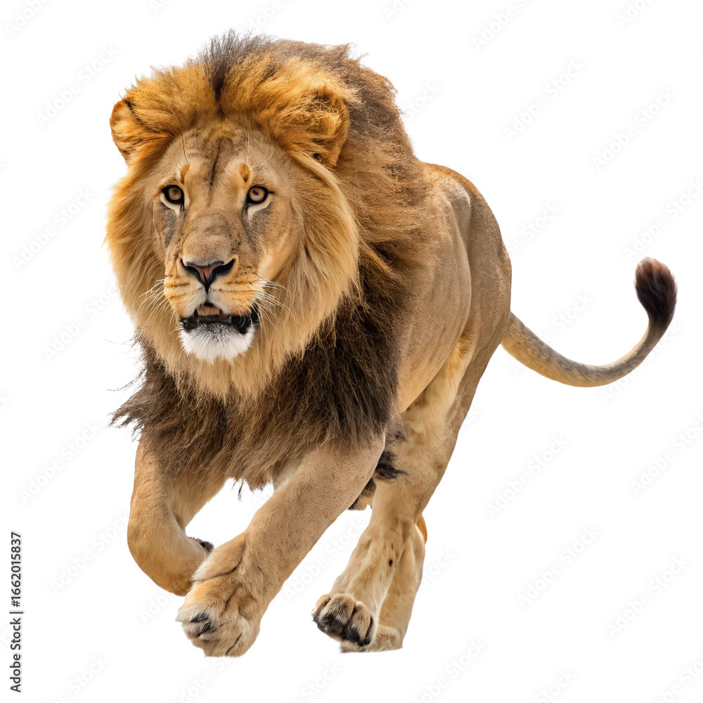 Obraz premium Majestic African lion jumping towards camera isolated on transparent background image png dynamic wildlife action png close-up of powerful predator leaping png nature photography png energetic scene 