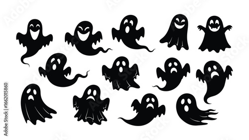 Halloween Ghost Collection: A collection of ghostly figures, each with their own unique expressions, perfect for adding a touch of spooky charm to Halloween designs.