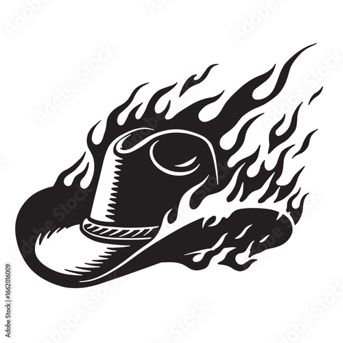Black cowboy hat enveloped in flames depicting western american culture symbolism