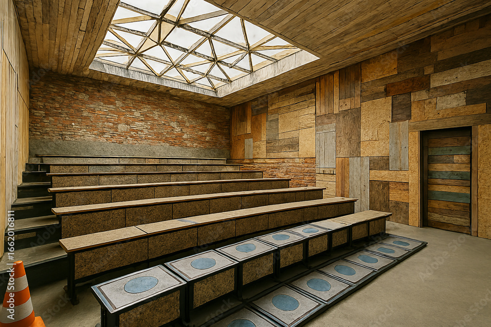 Obraz premium Ancient roman amphitheater seating with a modern skylight illuminating the historic architecture