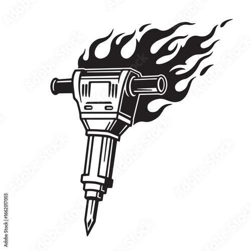 Bold black and white illustration of a jackhammer with fiery flames in retro style