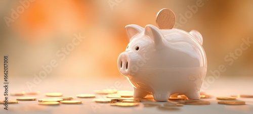 The charming piggy bank surrounded by golden coins on a soft background.