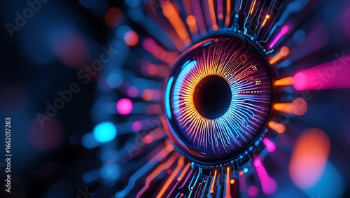 A close up abstract digital eye with vibrant neon blue and orange light trails emanating from its iris symbolizing futuristic technology and artificial intelligence
