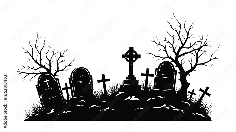 Φωτογραφία Graveyard Silhouette: A spooky graveyard scene silhouetted against a haunting backdrop, featuring various tombstones and bare trees, perfect for conveying a sense of mystery and the somber occasion