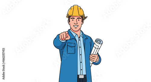 Construction Cartoon Character Man Pointing Forward Holding Plans, Vector Illustration Depicting a Friendly Supervisor or Foreman with Blueprint