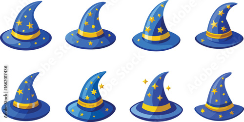 Collection of Colorful Wizard Hats with Yellow Stars and Gold Bands