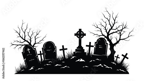 Graveyard Silhouette: A spooky graveyard scene silhouetted against a haunting backdrop, featuring various tombstones and bare trees, perfect for conveying a sense of mystery and the somber occasion.