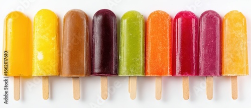 The vibrant assortment of popsicles in various flavors and colors.
