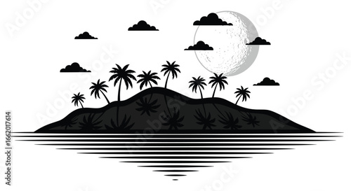 Serene tropical island silhouette with palm trees and full moon reflecting on water vector