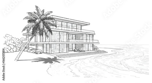 Tropical plantation house sketch architectural drawing palm trees waterfront serene ambiance vector