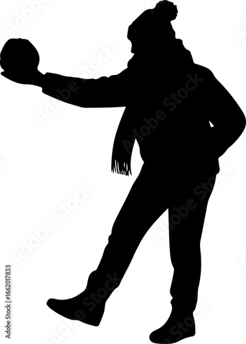 black silhouette of a person mid-action tossing a snowball