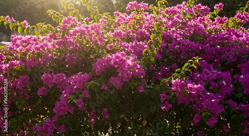 Vibrant Bougainvillea flowers bloom in the warm sunlight, creating a beautiful natural display