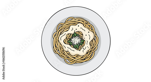 Overhead shot of illustrated spaghetti dish adorned with creamy sauce and herb garnish showcasing culinary delight, stylized presentation, and