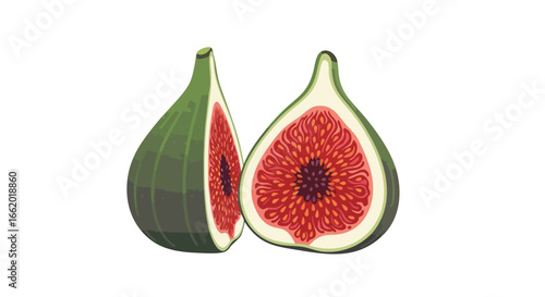 Stylized illustration of two halved figs showcasing their vibrant interior details, presenting a visual treat with a touch of digital artistry