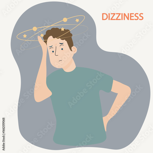 Vector of dizziness/lightheadedness showing imbalance, faint feeling, blurred vision; symptoms like vertigo, nausea; similar to anemia, dehydration, low BP.icon