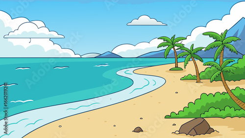 Beach shore with white sand and trees, cartoon style