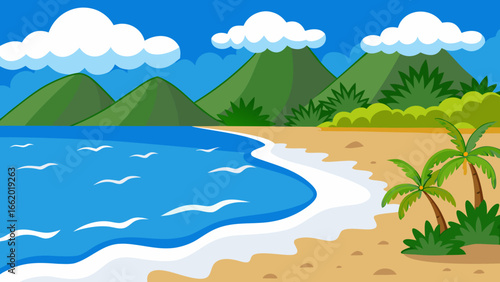 Beach shore with white sand and trees, cartoon style