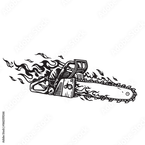 Detailed black and white illustration of a running chainsaw with decorative fire elements