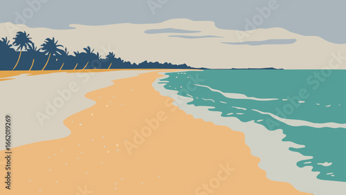 Beach shore with white sand and trees, cartoon style