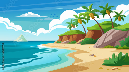Cartoon seascape of beach on tropical island with palm trees and white sand