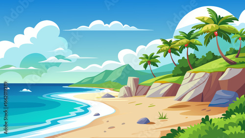 Cartoon seascape of beach on tropical island