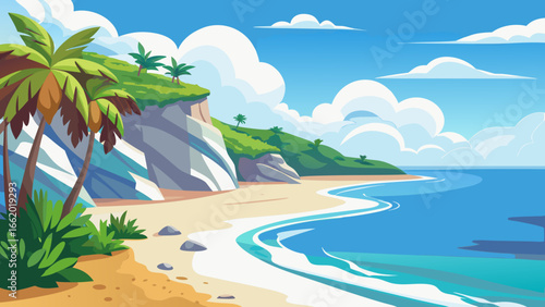 Cartoon seascape with palm trees on white sand island