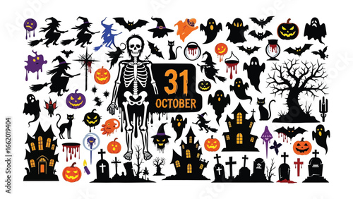 Halloween's Spooktacular Collection: A dynamic assemblage of Halloween-themed elements, illustrating the festive, spooky, and eerie spirit of the season.