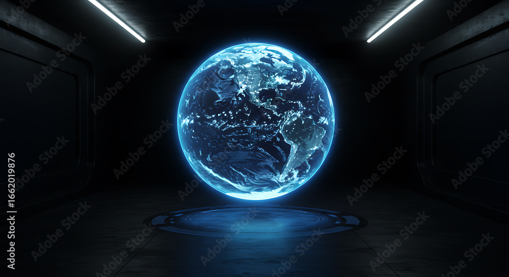Fototapeta premium Holographic globe of Earth glows in a dark, futuristic room, showcasing cities at night, water, and land.