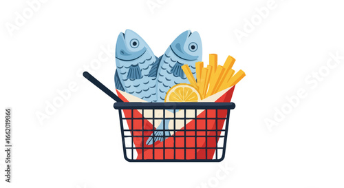Delightful illustration of fish and chips presented in a basket, perfect for culinary promotions and food-related designs displaying freshness and