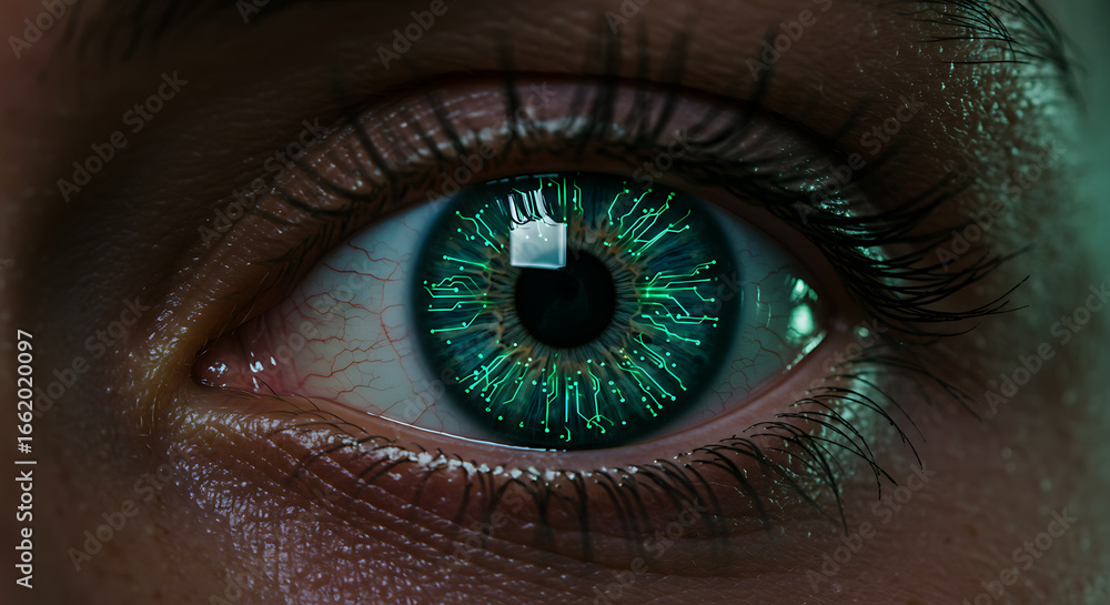 Obraz premium Close-up of a human eye with a digital circuit design reflected on the iris, depicting tech integration.
