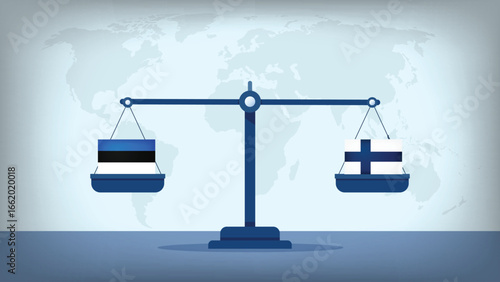 Balance Scale with Finland vs Estonia Flags , International Relations and Global Trade Concept Vector