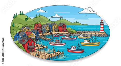 Picturesque coastal village scene with colorful houses, fishing boats and a red and white lighthouse on the horizon