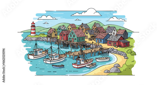 Captivating coastal haven illustration featuring colorful houses, boats, and a lighthouse against a serene backdrop that evokes peaceful maritime life