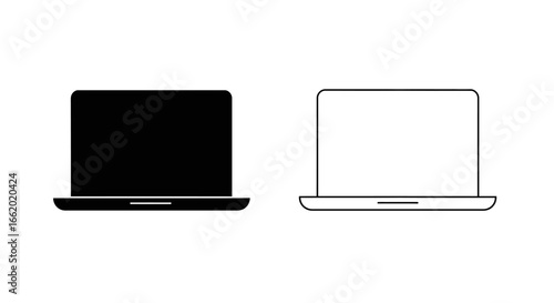 Laptop Duo: A modern laptop, a symbol of connectivity and innovation, portrayed in both a sleek, black silhouette and a minimalist outline.